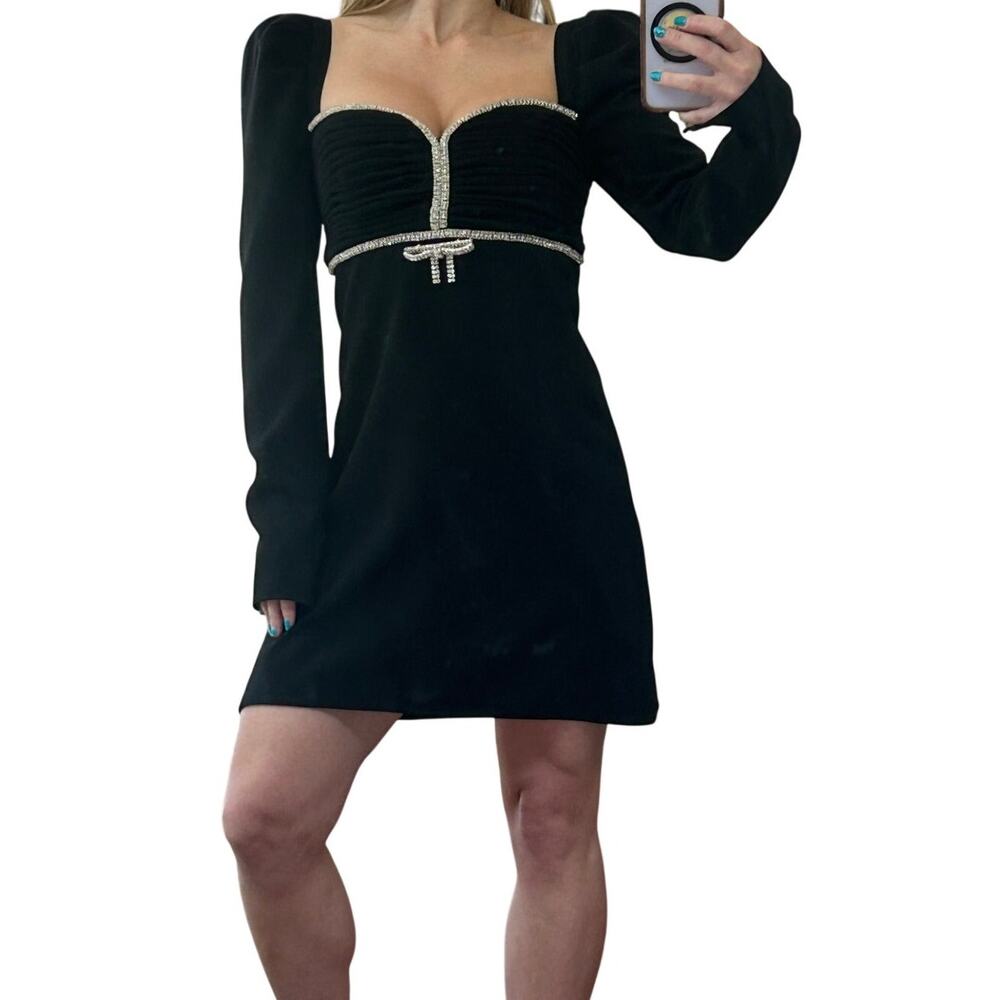 Self-Portrait Black Crepe Rhinestone Bow Mini Coquette Party Holiday Dress US 2